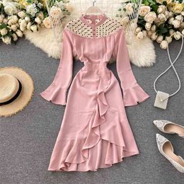 High Quality Elegant Hollow Out Sexy Vintage Party Club Dresses Dot Mesh Stitching Flare Sleeves Waist Irregular Long 210514