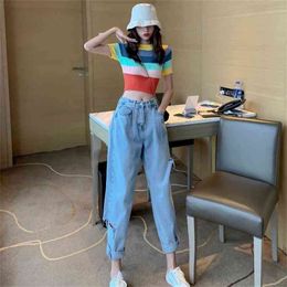 Rainbow strip knitted short-sleeved t-shirt spring net re-leg nine-point jeans + sweater two-piece set 210520