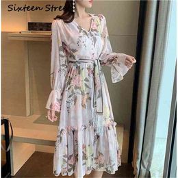 Lantern Sleeve Elegant Sashes Dress Woman Autumn V-neck single-breasted floral printed vintage vestido dress female runway 210603