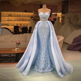 New Year's Overkirts Light Sky Blue Mermaid Evening Dresses Arabic Aso Ebi Sheer Neck Sleeveless Lace Appliques Women Formal Prom Party Gowns Plus Size