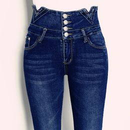Spring High Waisted Skinny Jeans for Women Plus Size Four-breasted Slim Elastic Casual Denim Pencil Pants Trousers 210428