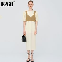[EAM] Women Yellow Big Size Temperament Long Dress Round Neck Half Sleeve Loose Fit Fashion Spring Summer 1DD8975 210512