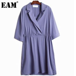 [EAM] Women Black Big Size Ruched Dress Notched Neck Batwing Half Sleeve Loose Fit Fashion Spring Summer 1DD8208 210512