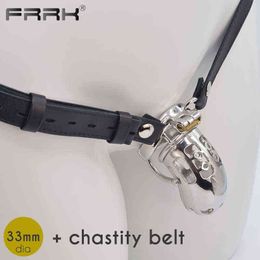 NXY Cockrings FRRK Strapon Chastity Cage with PU Bondage Belt for Men Metal Male Penis Rings Steel Adutls Sex Toys Strap on Cock Lock 1124