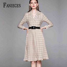 Pink Plaid print Dress Women Summer fall Long Sleeve Sashes Midi Party Dresses Elegant Office Lady Workwear vestidos ropa mujer 210520