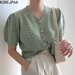Korejpaa Women Sweater Summer Korean Chic Girl Gentle Temperament V-Neck Single-Breasted Loose Puff Sleeve Knit Cardigans 210526