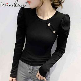 Mola de algodão camiseta mulheres maciço preto branco botões magro stretchy sochilo manga tops tee roupas casuais t02815b 210421