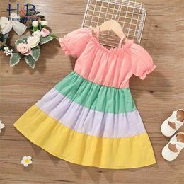 Girls Dress Summer Puff-Sleeve Striped Printed Cute Princess Toddler Kids Clothes 210611