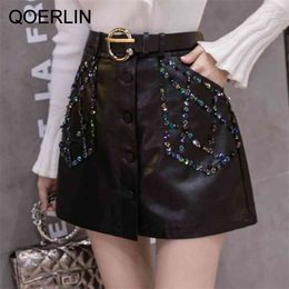 Handmade Beaded PU Leather Skirts Women's Korean Style Single-Breasted High Waist Slim With Lining A-Line Chic Saia 210601