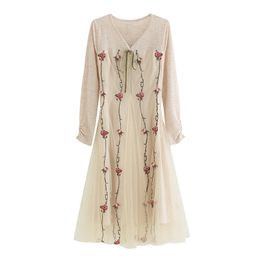 Khaki Folral Embroidery Mesh V Neck Long Sleeve Elegant Patchwork Midi Casual Dress Autumn Spring D1542 210514