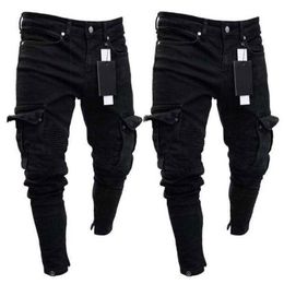 Мужские джинсы, модные черные джинсы, мужские джинсовые узкие байкерские брюки с потертостями, облегающие брюки-карго с карманами, большие размеры S-3XL, модные
