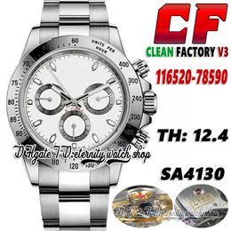 2022 Clean V3 TH:12.4mm 116520 Mens Watch Cal.4130 A4130 Chronograph Automatic White Dial SS+ 904L Stainless Bracelet And Case Super version Eternity Watches 116500