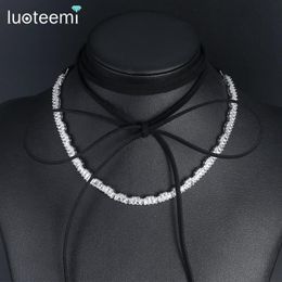 Vintage Black Suede With Trendy Geometric Cubic Zirconia Chain Choker Necklace For Women Party Jewellery Chokers