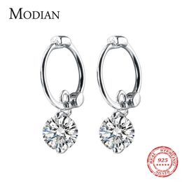 Classic 100% 925 Sterling Silver Round Shape Clear CZ Swing Hoop Earrings for Women Wedding Engagement Fine Jewelry 210707