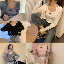 Neploe 2 Piece Set Women Single Breasted Long Sleeve Cardigans+Solid O Neck Sleeveless Camis Fashion Slim Summer Suits 1D629 X0428