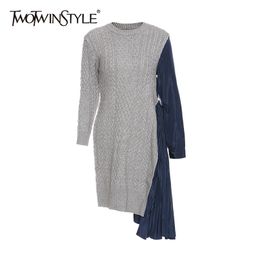 Knitted Patchwork Pleated Dress For Women O Neck Long Sleeve High Waist Irregular Hem Casual Dresses Female Fashion 210520