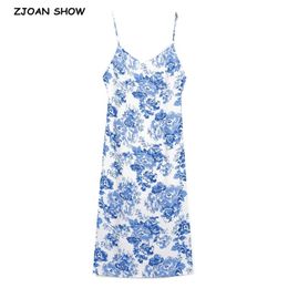 Vintage France Summer Blue White Floral Print Spaghetti Strap Midi Dress Sexy Women Sling Lacing up Backless Dresses Holiday 210429