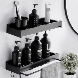 Hooks & Rails Bathroom Shelf Shower Storage Rack Holder With Towel Rod Shampoo Tray Stand No Drilling Floating Organizer