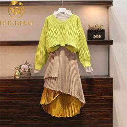 Spring Autumn Big Yards L-4XL Dress Suits Women Blouse Irregular Skirt Brim Suit Covered Meat 3 Piece Set Clothing 210506