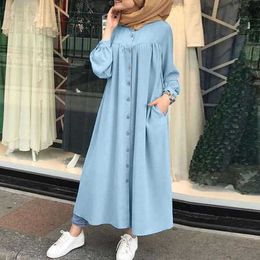 Muslim Dress Woman hijab Shirt Dress Long Sleeve Maxi Vestidos Female Button Robe femme musulman High Wasit Solid Sundress 210712