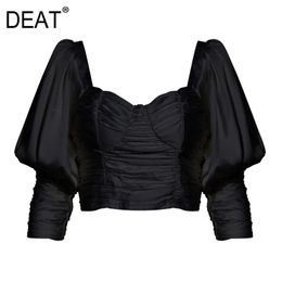 Spring Summer Fashion Casual Square Collar Sexy Back Bow Solid Color Bubble Sleeve Blouse Pleated Top Women SH746 210421