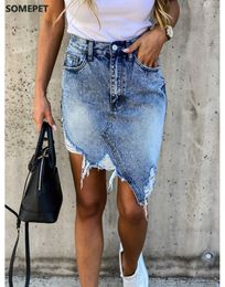 New Woman Trendy Retro Washed Irregular Denim Skirt Female Summer High Waist Denim Skirts Elastic Bodycon Hip Saia jeans X0428