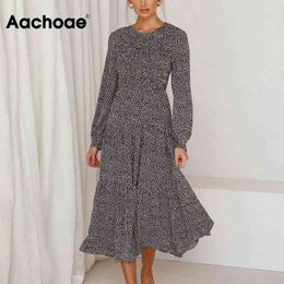 Aachoae Women Printed O Neck Elegant Midi Dresses Ruffles Long Sleeve Boho Long Dress Ladies A Line Vintage Party Dress 210413
