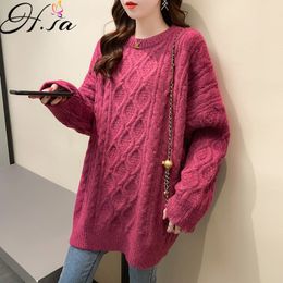 H.SA Winter Sweater Women Oneck Oversized Twisted Pull Jumpers Korean Fashion elegant woman pulle Llong Sweaters 210417