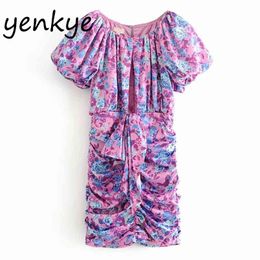 Summer Women Floral Print Draped Bodycon Mini Sexy Lady Short Sleeve O Neck Hollow Out Club Party Dresses 210514