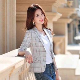 small suit thin plaid casual summer retro jacket women Three Quarter Single Breasted Office Lady 210416