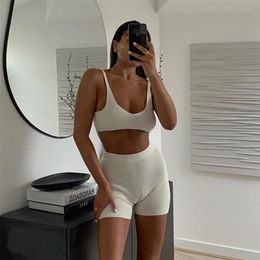 Women's Pyjamas Rib Knit Homewear Suits with Short Sets Sexy V-Neck Strap Vest Top Backless Solid 2 Pcs Set Female 210809