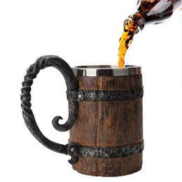 Simulation Wood Beer Mug as Christmas Gift Big Drinking Mugs Barrel Beer Cup Double Wall Metal Liner Creative Decorative