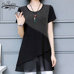 Womens tops and blouses plus size chiffon blouse shirts ladies short spliced women clothes black 3530 50 210427