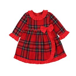 6M-5Y Christmas Toddler Kid Girls Dress Long Sleeve Red Plaid Bow Tutu Dresses For Children Xmas Clothes 210515