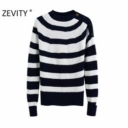 women vintage o neck striped pattern knitting casual slim sweater female shoulder button pullover sweaters chic tops S361 210420