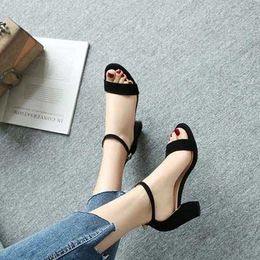 2021 New Thick Heel 7 Cm 5 Sandals Women Summer Wild Large Size High Mid-heel Buckle Open Toe Flock Pumps Shoes Y0721