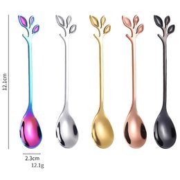 Long Handle Iced Tea Spoons Fork 7.4" Ice Cream Spoon Creative Gold Leaf Cocktail Stirring Stainless Steel Mirror Finish & Kitchen Tools XHH2