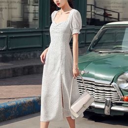 White Polka Dot High Waist Summer Dress Fashion Split Midi Long Elegant Woman Party Dress Square Collar Dresses 13278 210527