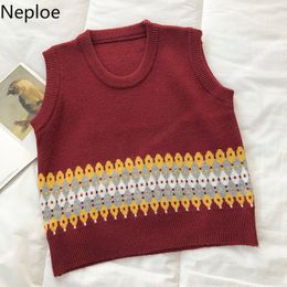 Neploe Woman Sweaters Vest O-neck Vintage Loose Knitted Pullovers Waistcoat Spring Clothes Tops Striped Sleeveless Tank 210422