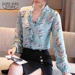 Office Elegant Pullover Blouse Autumn Women V-neck Chiffon Shirt Long Sleeve Floral Ladies Clothing Blusas 10962 210415