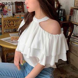 Sexy Off Shoulder Women Tops Summer Halter Office Shirt Casual Solid White Blouses Flying Sleeve Elegant Blusas 210601