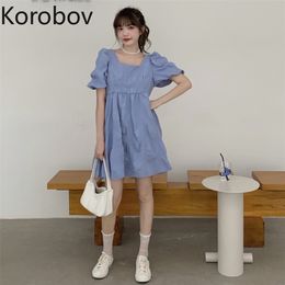 Korobov New Arrival Women Solid Elegant Korean Dress Summer Square Collar Puff Sleeve Dress Office Lady Midi Vestidos Mujer 210430