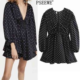 Black Polka Dot Mini Dress Women V Neck Ruffle Puff Long Sleeve Woman Back Opening Sexy Elegant es 210519