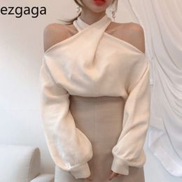 Ezgaga Fashion Long Lantern Sleeve Knit Sweater Pullover Women Korean Sexy Halter Crop Tops Solid Off Shoulder Elegant Pullover 210430