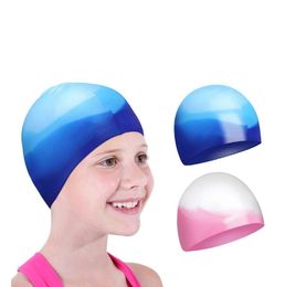 Kids silicone swimming cap fashion patchwork colors bath pool hats boys girls children outdoor swim caps protect ears long hair shower hat