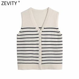 Women Fashion V Neck Striped Print Knitting Sweater Ladies Sleeveless Single Breasted Vest Chic Cardigans Tops SW823 210416