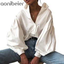 Elegant Lady Shirt Exaggerated Lantern Sleeve Button Front Women Casual Blouses Spring Autumn Loose White Shirts Tops 210604