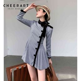 Vintage Plaid Bow Tie Long Sleeve Mini Dress Women Autumn Button Up Tunic A Line Ladies Designer Fashion Clothes 210427