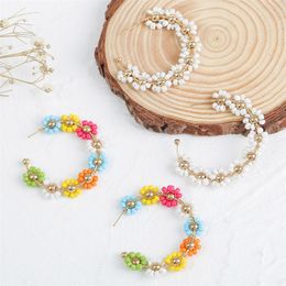 Bohemian Trendy Ladies C Shape White Multicolor Glass Beads Handmade Beaded Weave Flower Drop Earrings For Women Jewellery Gift