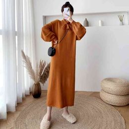 Solid Colour Autumn/Winter Long-sleeved Sweater with wool collar Medium-Length Plus Size Loose Knitt Dress 030B 210420